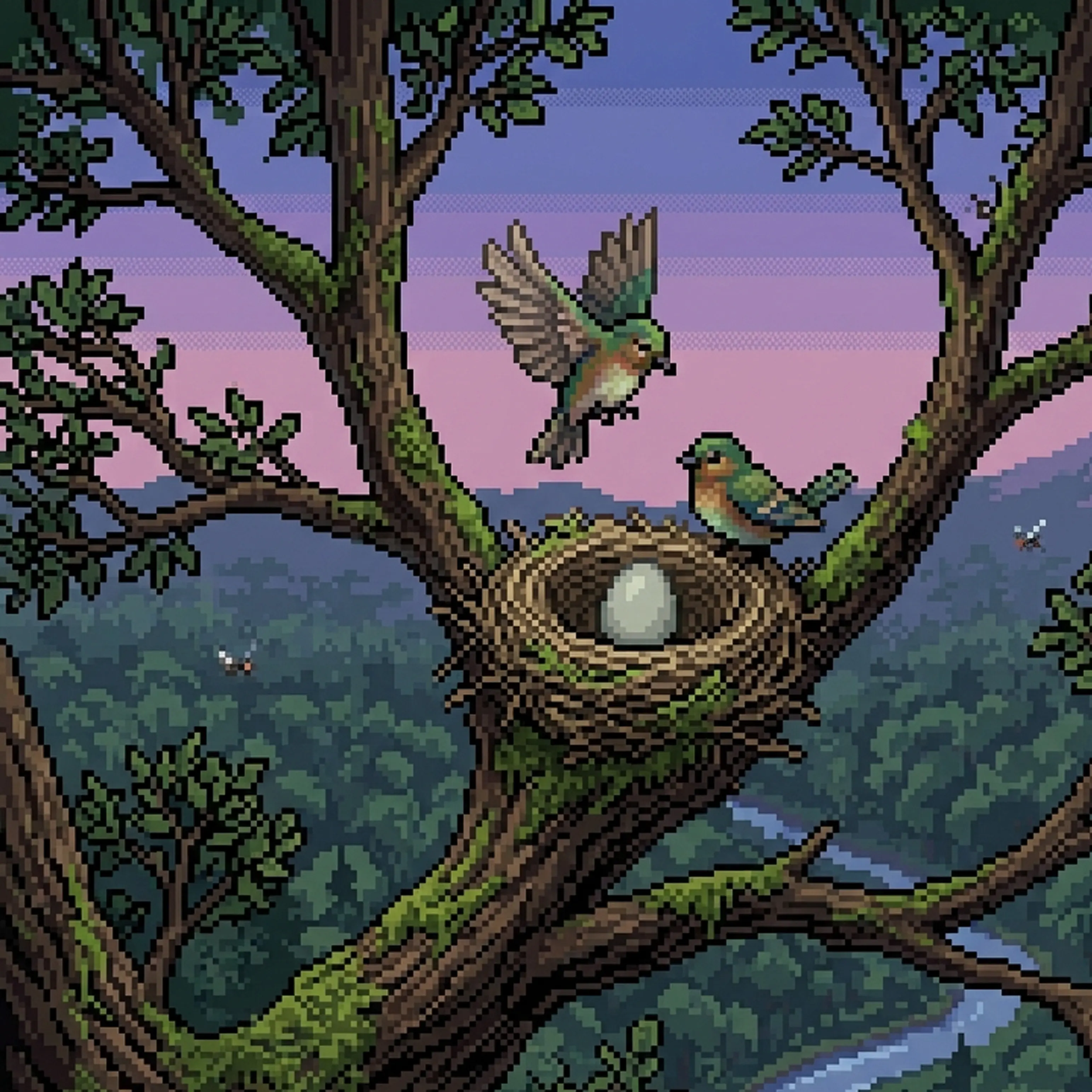 Pixel-art deer drinking from a lake at sunset