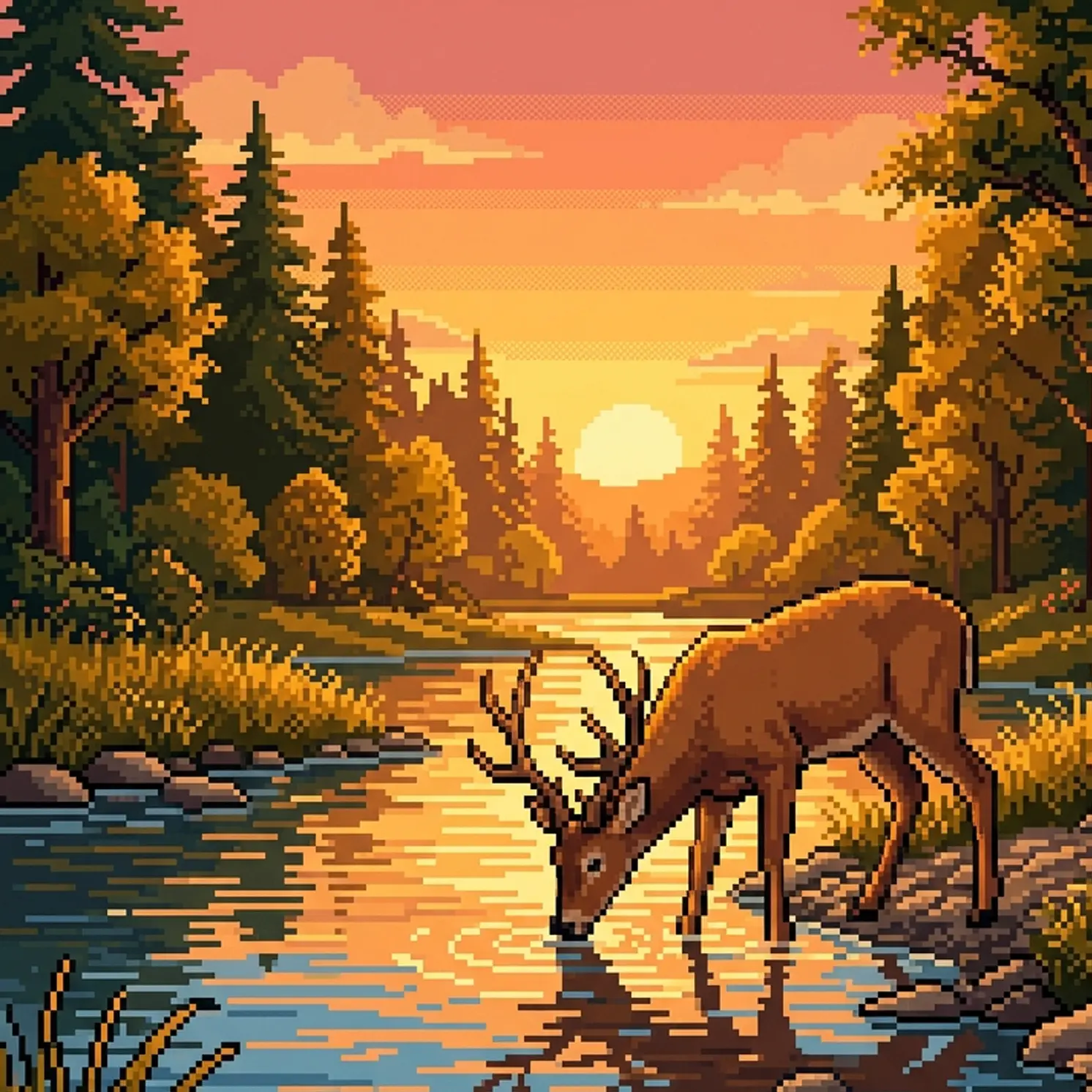 Pixel-art deer drinking from a lake at sunset