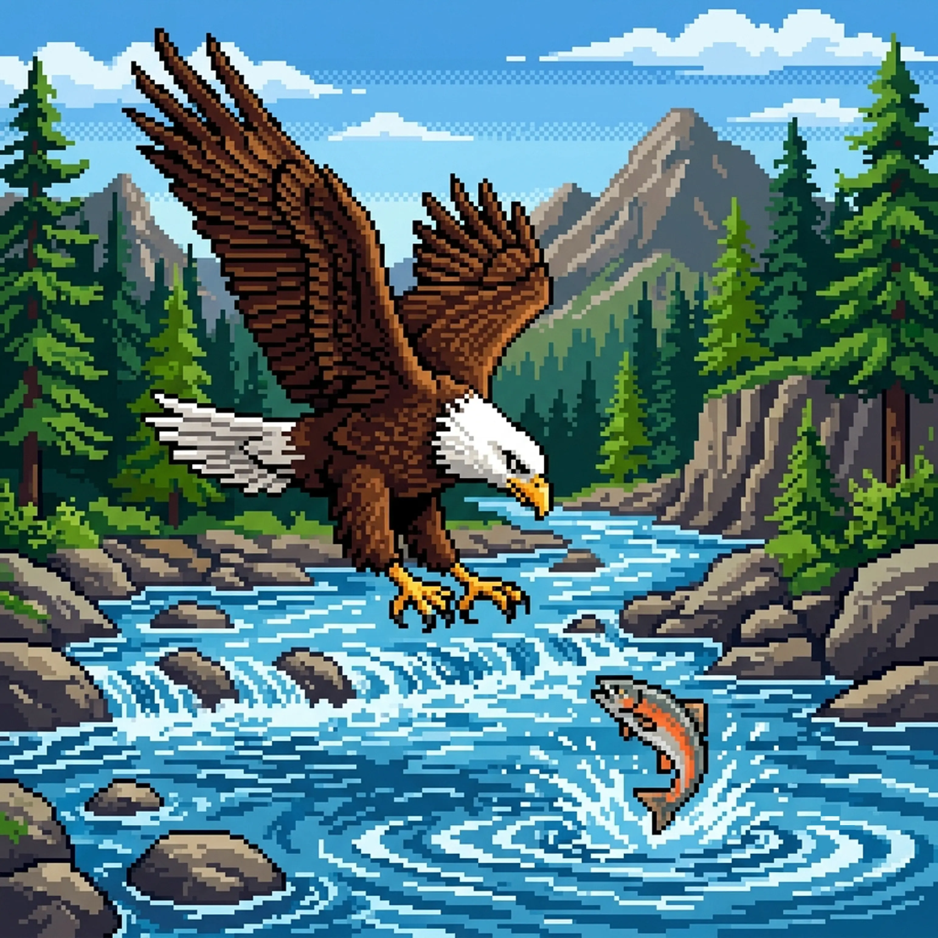Pixel-art deer drinking from a lake at sunset