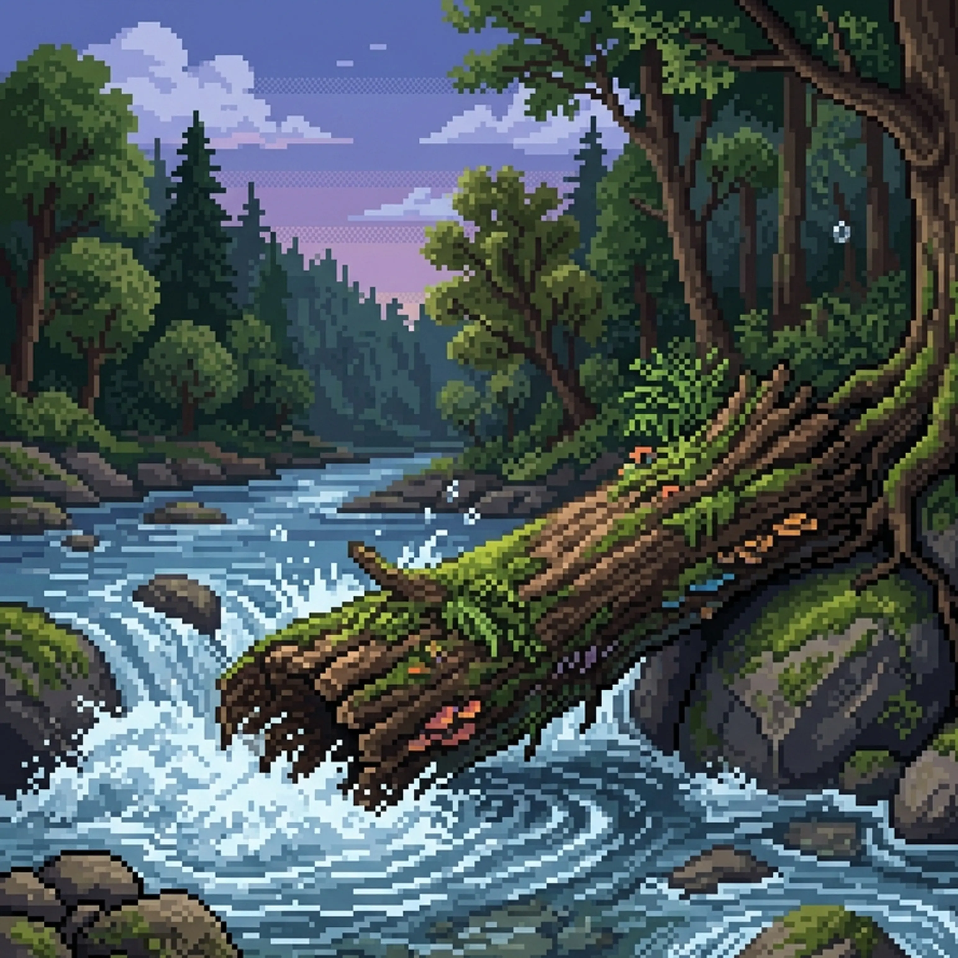 Pixel-art deer drinking from a lake at sunset