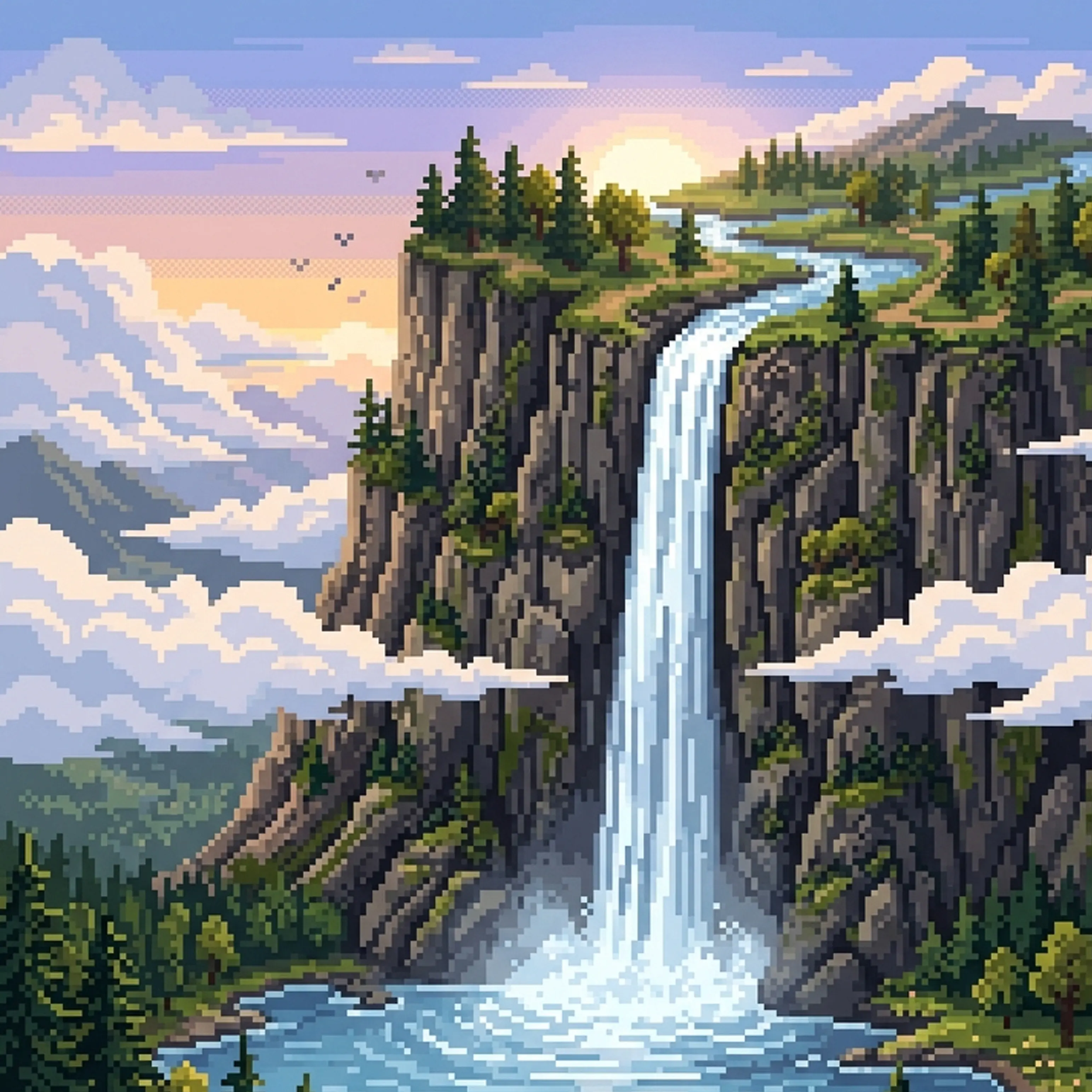Pixel-art deer drinking from a lake at sunset
